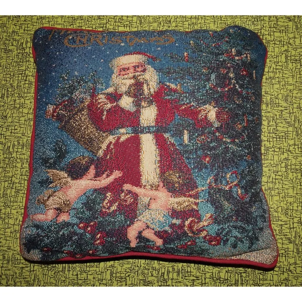 Vintage Cross Stitch Santa & Angels Pillow Christmas decorative farmhouse